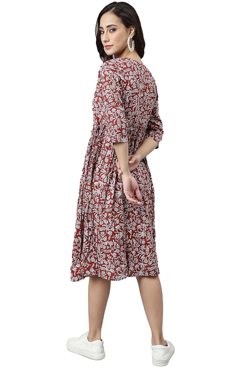 Janasya Women's Maroon Cotton Floral Print Angrakha Dress