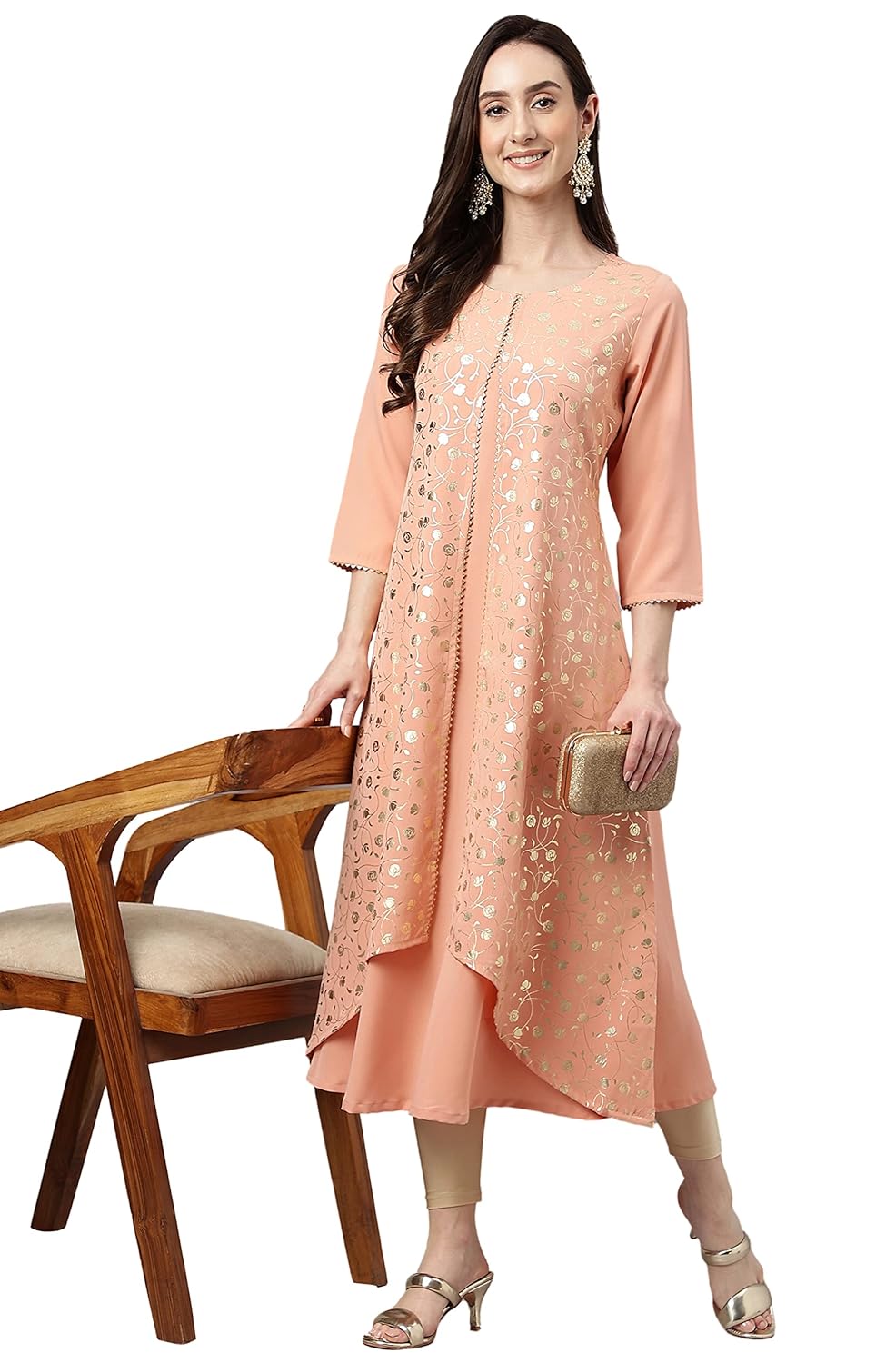 Janasya Women's Peach Crepe Foil Print Frontslit Kurta