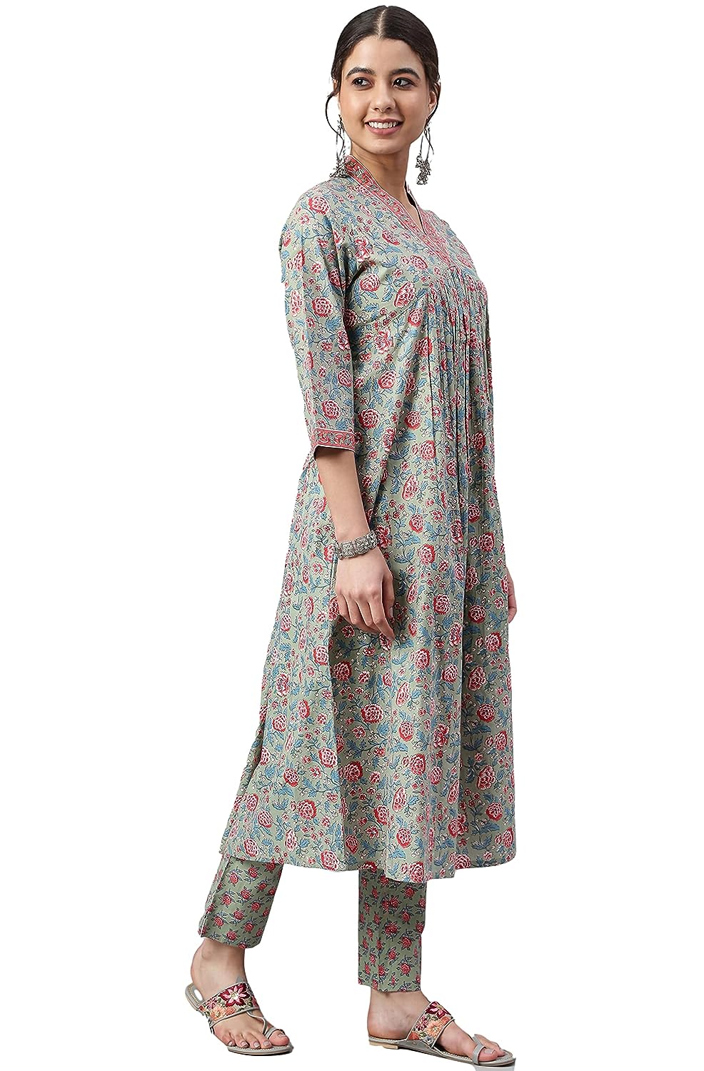 Janasya Women's Sea Green Cotton Floral Print Kurta with Pant