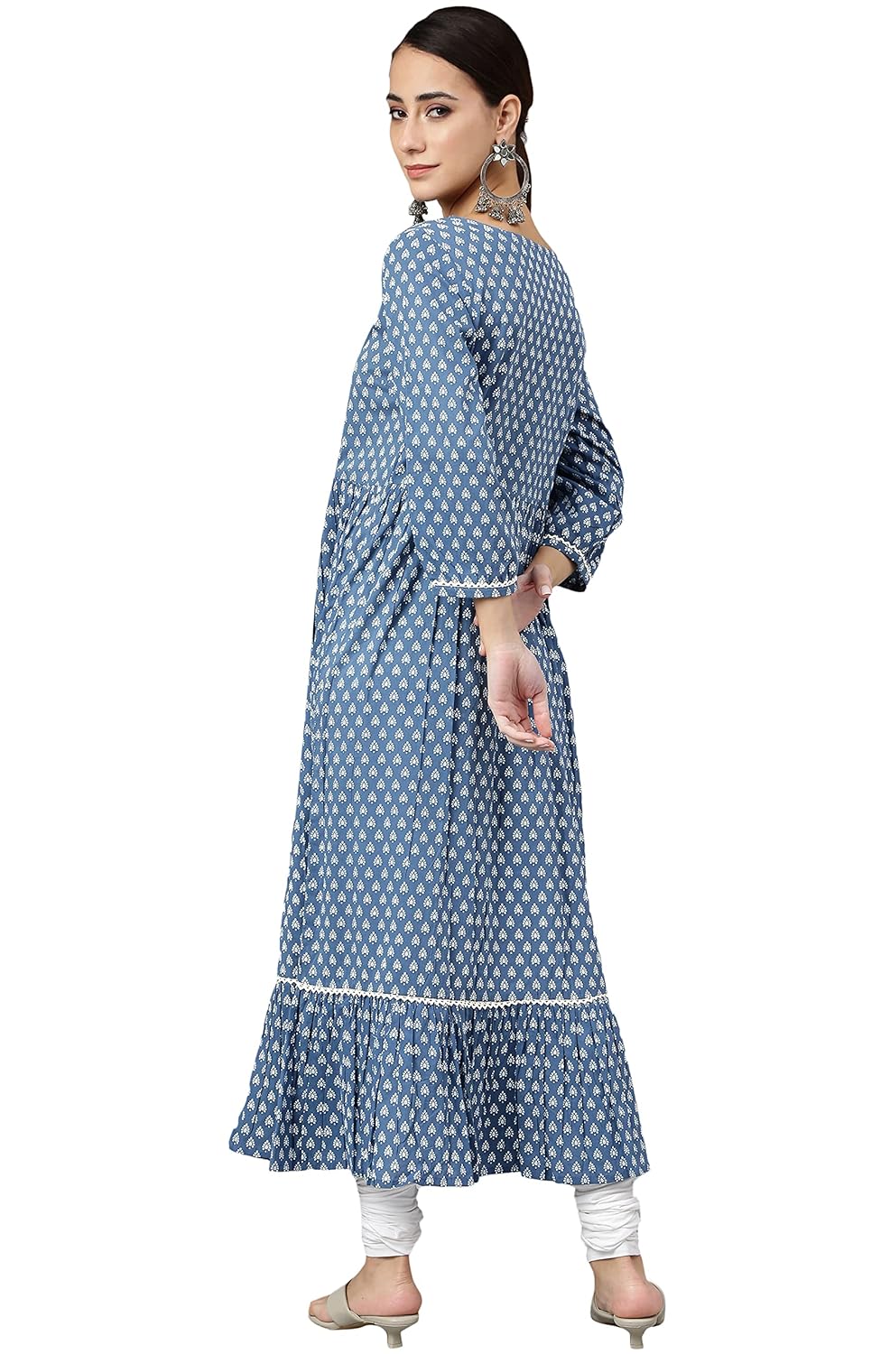 Janasya Women's Blue Cotton Ethnic Motifs Flared Kurta