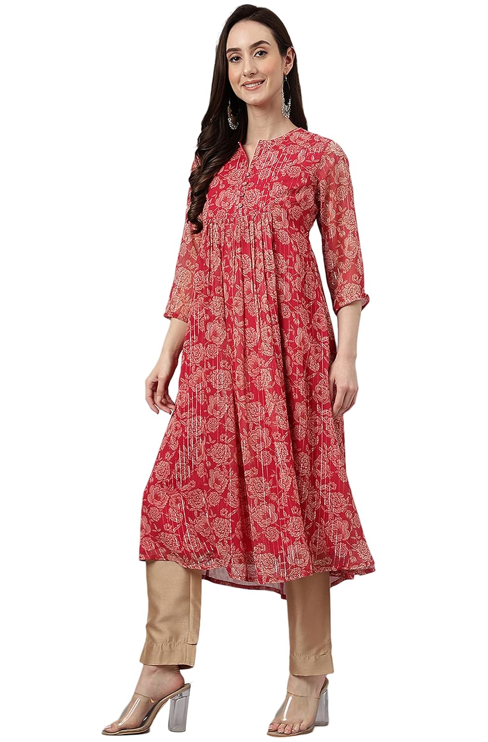 Janasya Women's Dark Pink Chiffon Lurex Floral Printed Flared Kurta