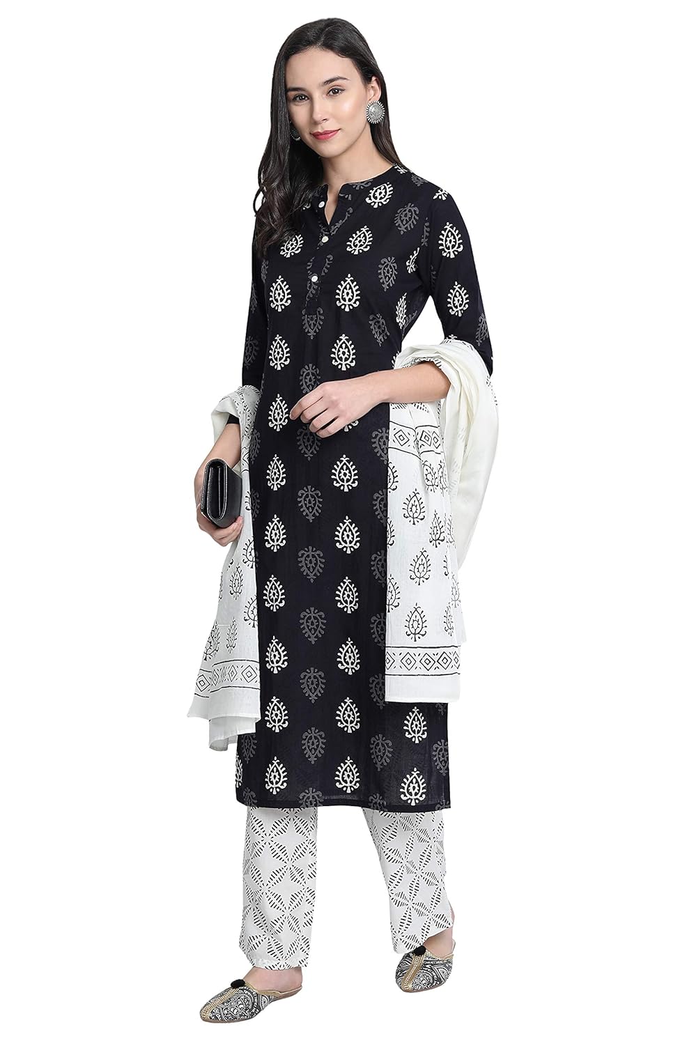 Janasya Women's Black Cotton Kurta With Palazzo and Dupatta