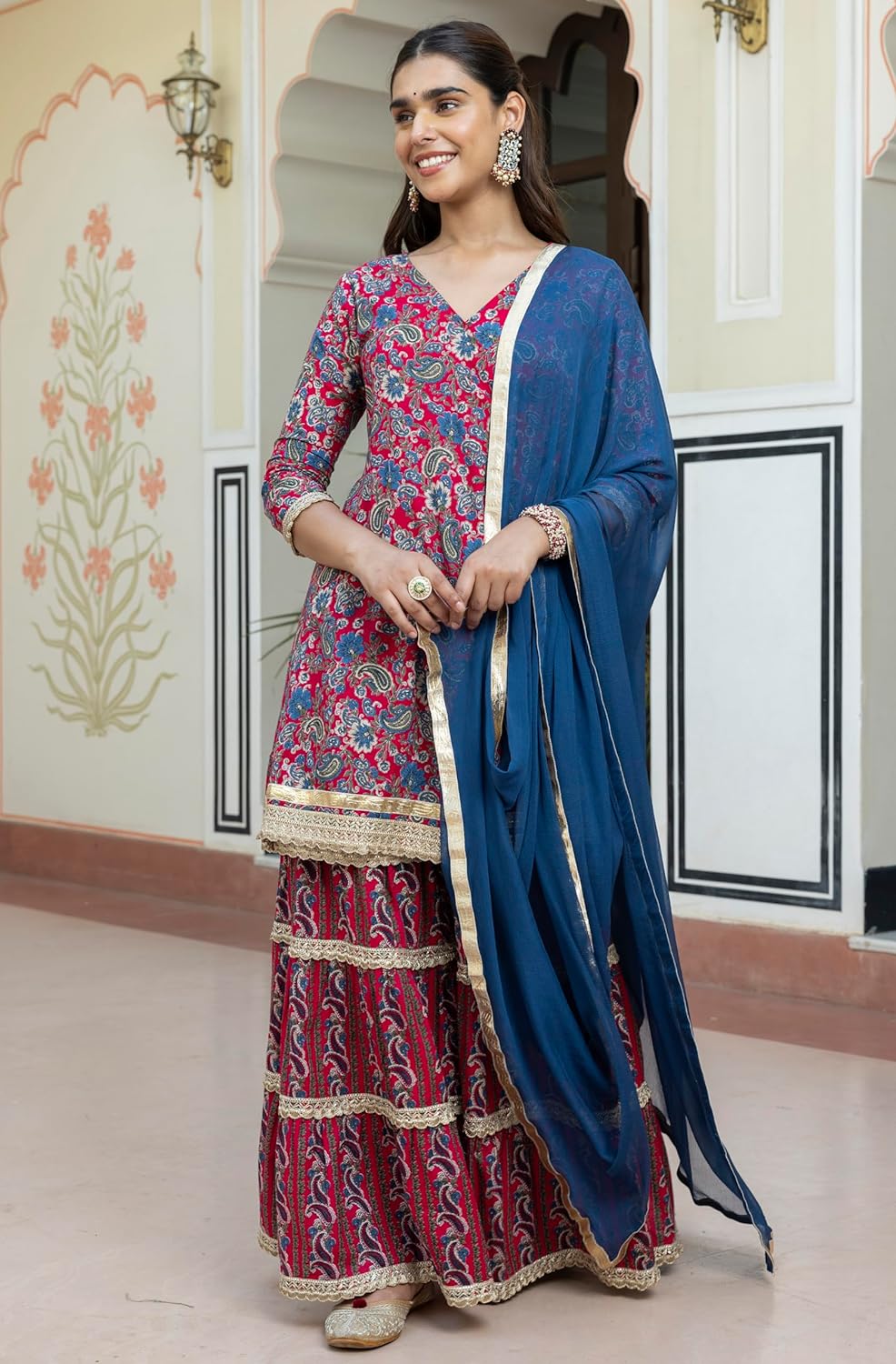 Janasya Women's Wine Cotton Ethnic Printed Kurta with Sharara and Dupatta