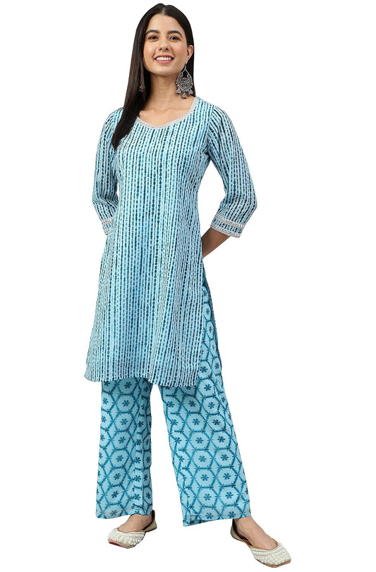 Janasya Women's Aqua Blue Georgette Shibori Print Kurta with Palazzo
