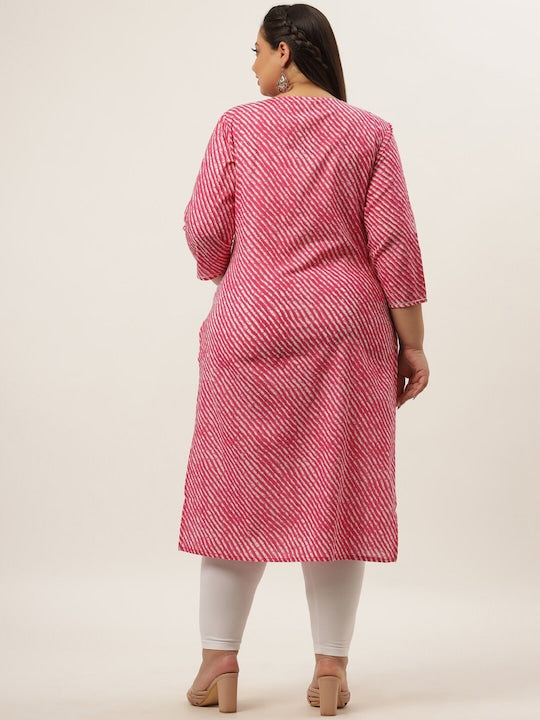 Yufta Women Pink & White Leheriya Printed Gotta Patti Pure Cotton Kurta