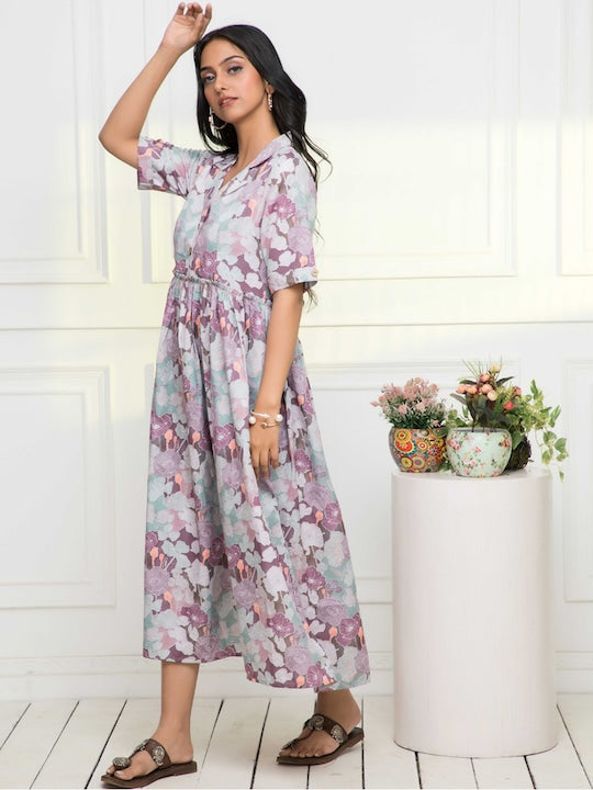 Myshka Floral Printed Lapel Collar Midi Fit & Flare Dress