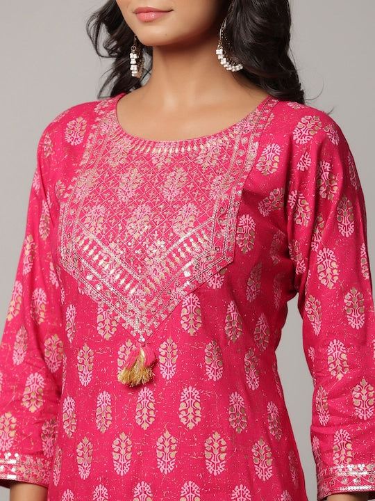 Yufta Women Fuchsia Ethnic Motifs Printed Sequinned Kurta with Trousers & Dupatta