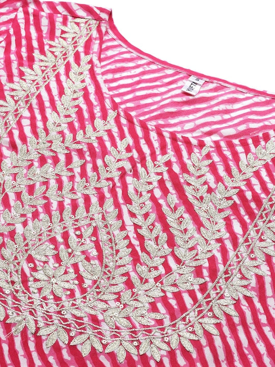 Yufta Women Pink Leheriya Printed Zardozi Kurta with Trousers & With Dupatta