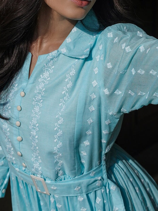 Vishudh Floral Embroidered Puff Sleeve Fit & Flare Pure Cotton Ethnic Dress