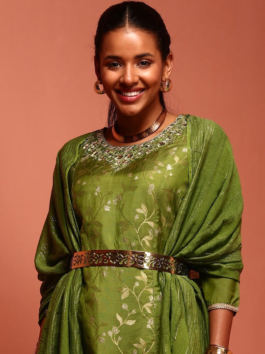 IMARA Ethnic Motifs Printed Regular Thread Work Kurta With Trousers & Dupatta