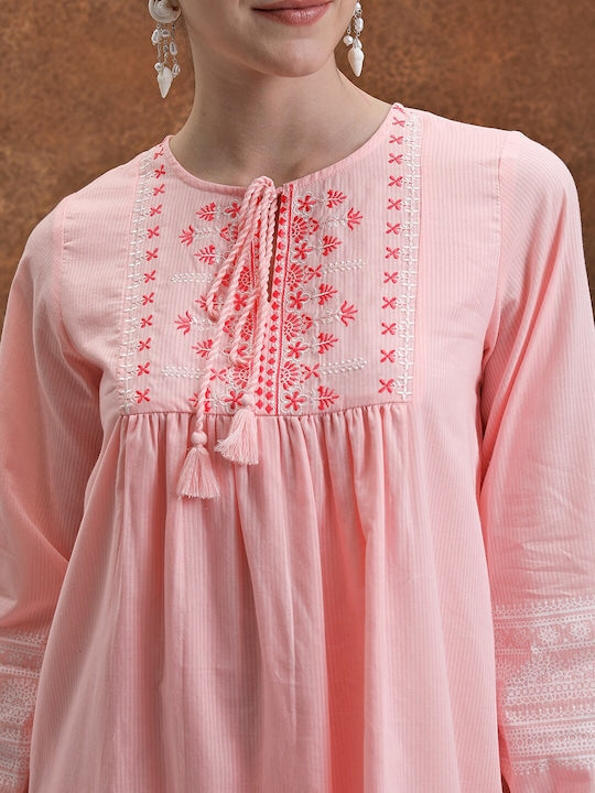 Vishudh Tie-Up Neck Long Sleeves Cotton Embroidered Midi A-Line Dress