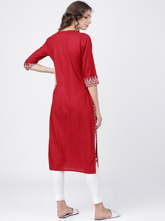 Vishudh Women Red & Off White Ethnic Motifs Printed Thread Work Kurta