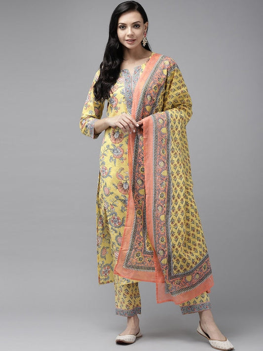 Yufta Women Yellow Floral Printed Regular Pure Cotton Kurta with Palazzos & With Dupatta