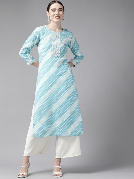 Yufta Women Blue & White Bandhani Embroidered Kurta - M