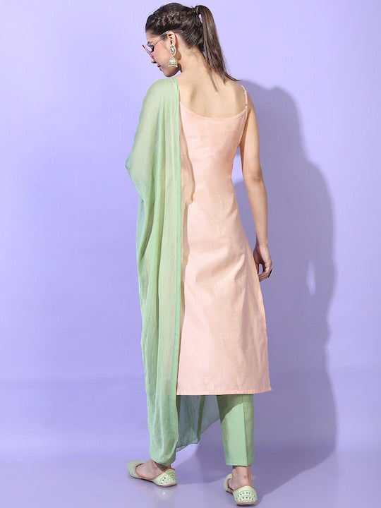 Vishudh Women Orange Printed Kurti with Trouser & Dupatta