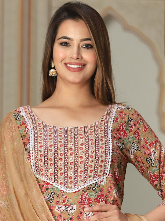 Singni Floral Printed Mirror Work Anarkali Kurta With Trousers & Dupatta