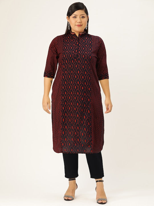 Sangria Women Navy Blue & Rust Red Pure Cotton Abstract Printed Mirror Work Detail Kurta
