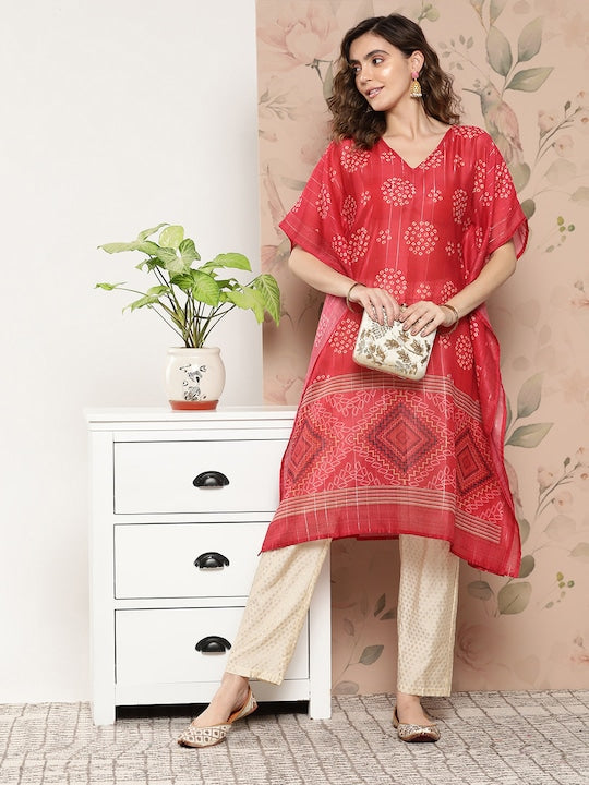 Yufta Bandhani Printed Flared Sleeves Kaftan Kurta