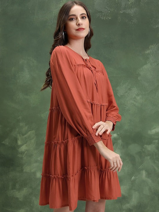 Vishudh Tie-Up Neck Cuffed Sleeves Tiered Detail A-Line Mini Dress
