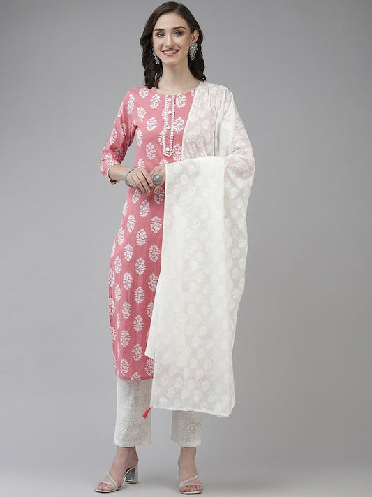 Yufta Women Floral Printed Pure Cotton Kurta with Trousers & Dupatta