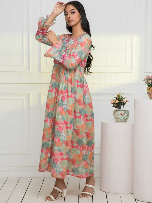Myshka Floral Printed Bell Sleeves Anarkali Kurta