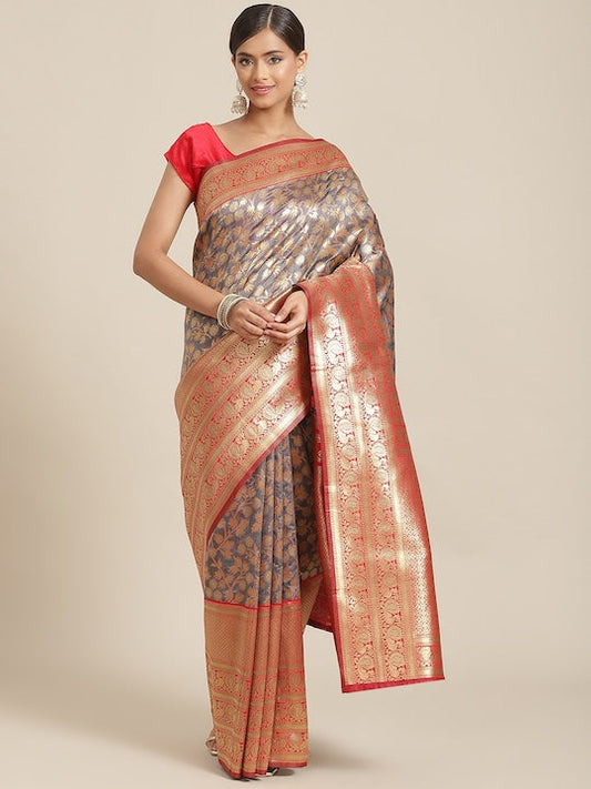 Silk Land Grey & Red Floral Zari Art Silk Banarasi Saree
