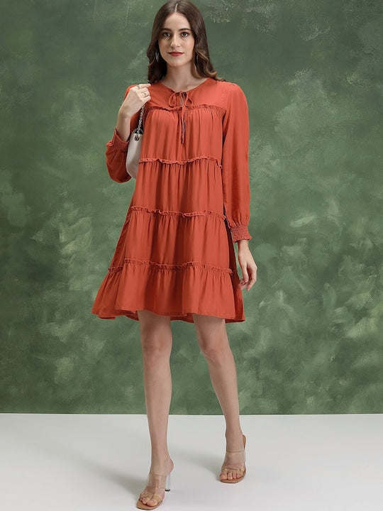 Vishudh Tie-Up Neck Cuffed Sleeves Tiered Detail A-Line Mini Dress