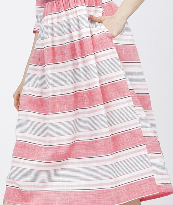 Vishudh Women Cream-Coloured Striped Fit & Flare Midi Dress