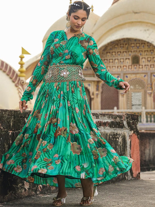 Scakhi Floral Printed Gathered Or Pleated Gown Maxi Ethnic Dresses