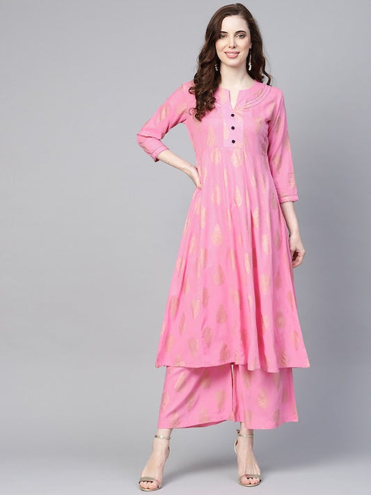 Yufta Women Pink & Golden Printed Kurta with Palazzos