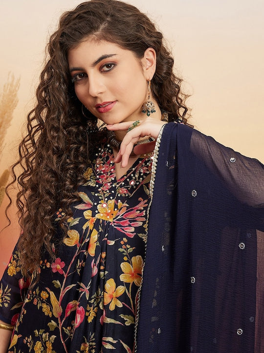 Sangria Navy Blue Floral Printed Mirror Work Straight Kurta With Trouser & Dupatta