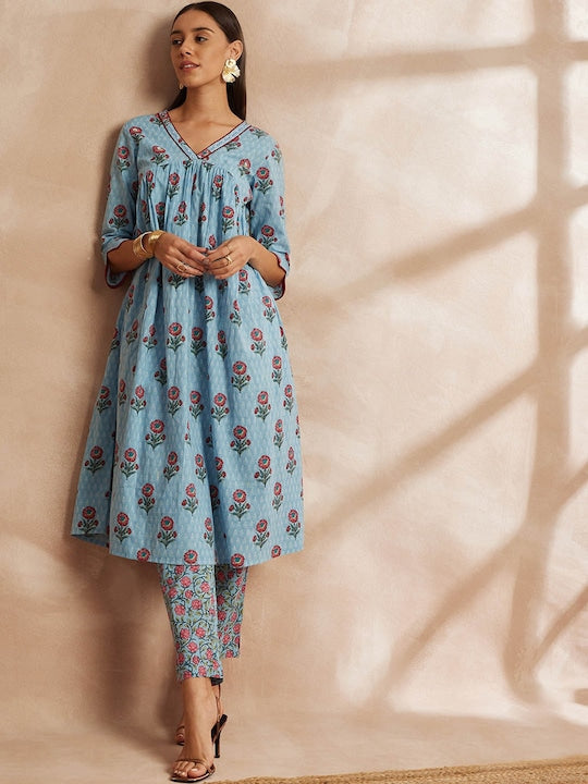 All about you Turquoise Blue Floral Yoke Design Pure Cotton Kurta with Trousers