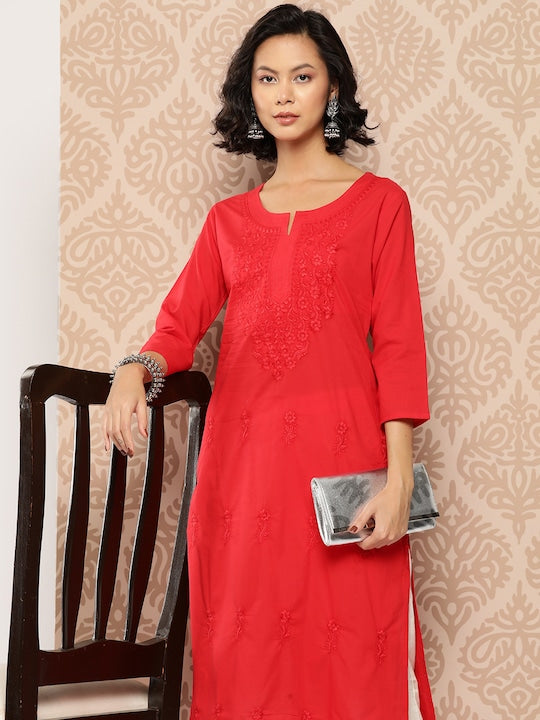 Yufta Floral Embroidered Chikankari Cotton Kurta Red