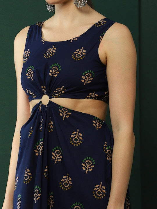 AKS Floral Print A-Line Cotton Cut-Out Midi Dress