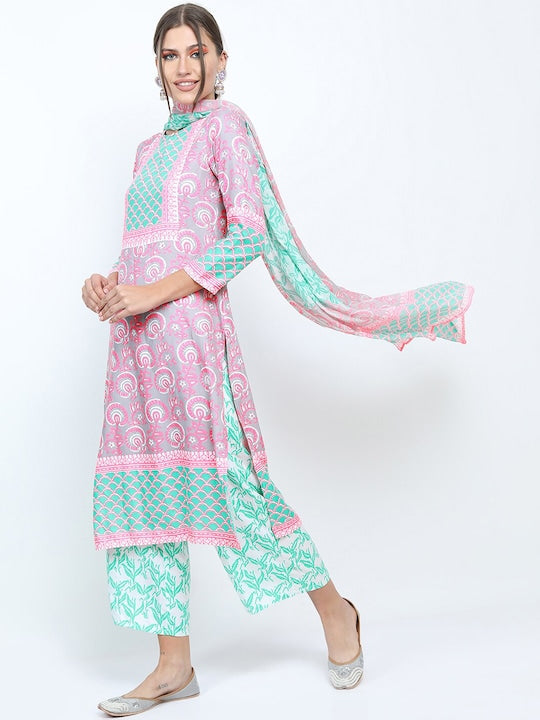 Vishudh Women Grey Floral Printed Straight Kurti with Trousers & With Dupatta