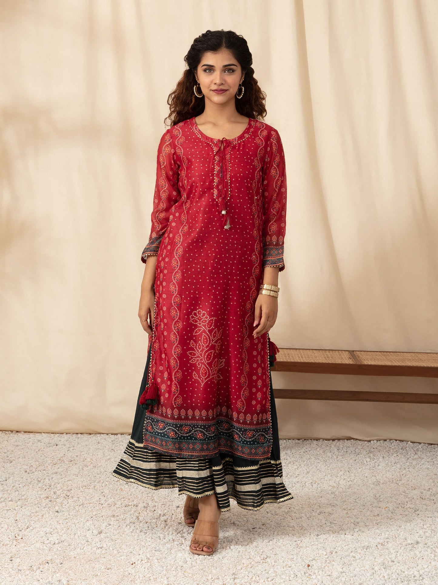 Likha Maroon with Bandhani Printed Kurta Sharara and Dupatta LIKSKD100 (Set of 3)