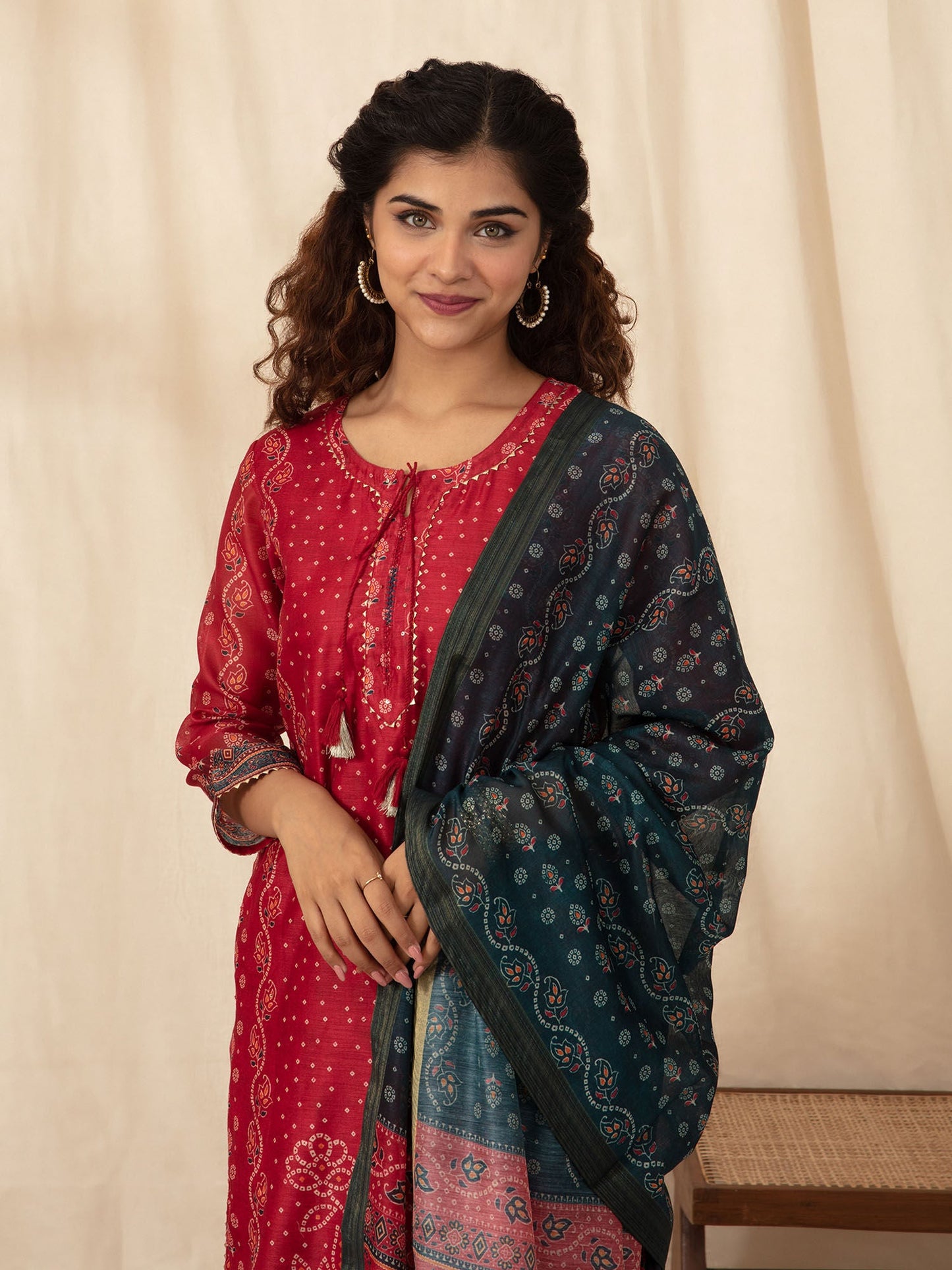 Likha Maroon with Bandhani Printed Kurta Sharara and Dupatta LIKSKD100 (Set of 3)