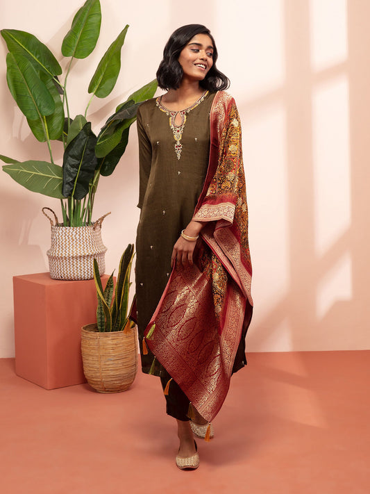 Likha Green Satin Hand Embroidered Kurta Pant and Dupatta LIKSKD129 (Set of 3)