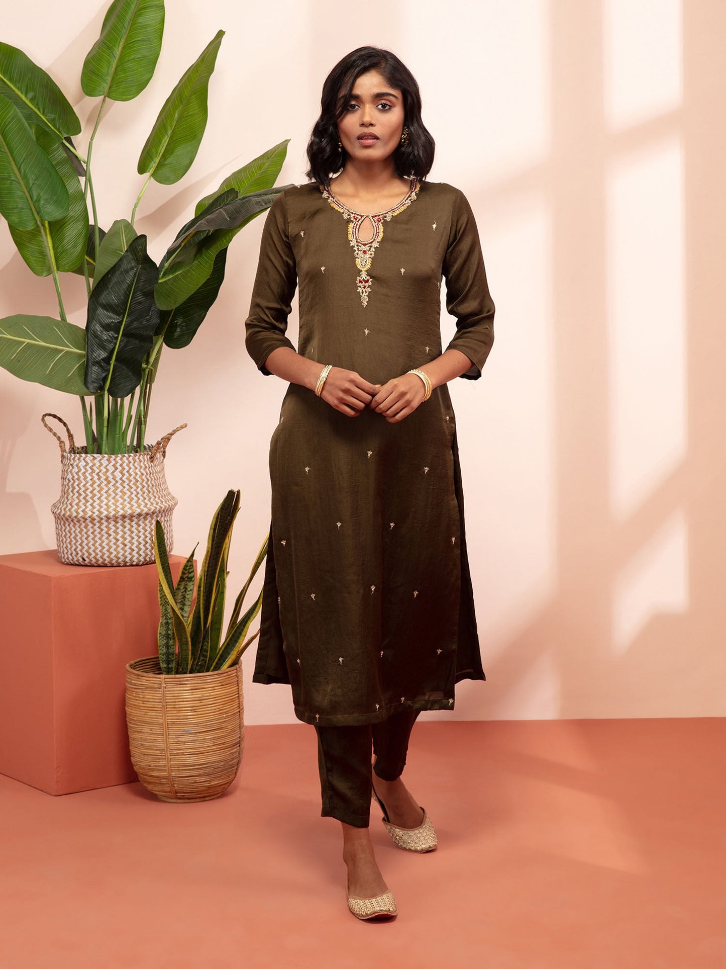 Likha Green Satin Hand Embroidered Kurta Pant and Dupatta LIKSKD129 (Set of 3)