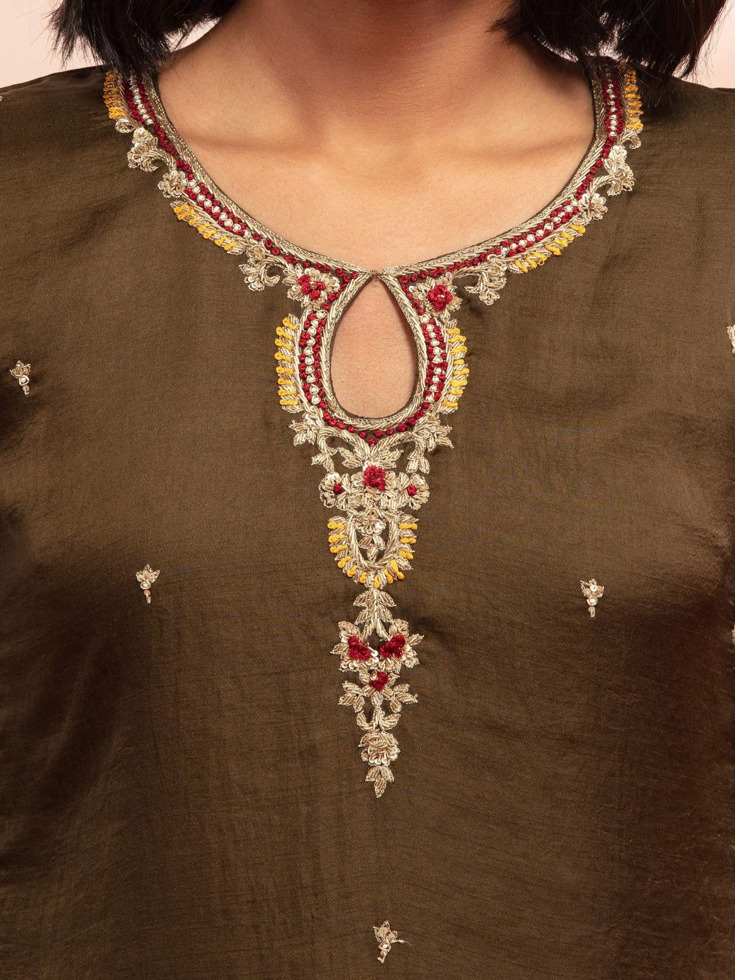 Likha Green Satin Hand Embroidered Kurta Pant and Dupatta LIKSKD129 (Set of 3)