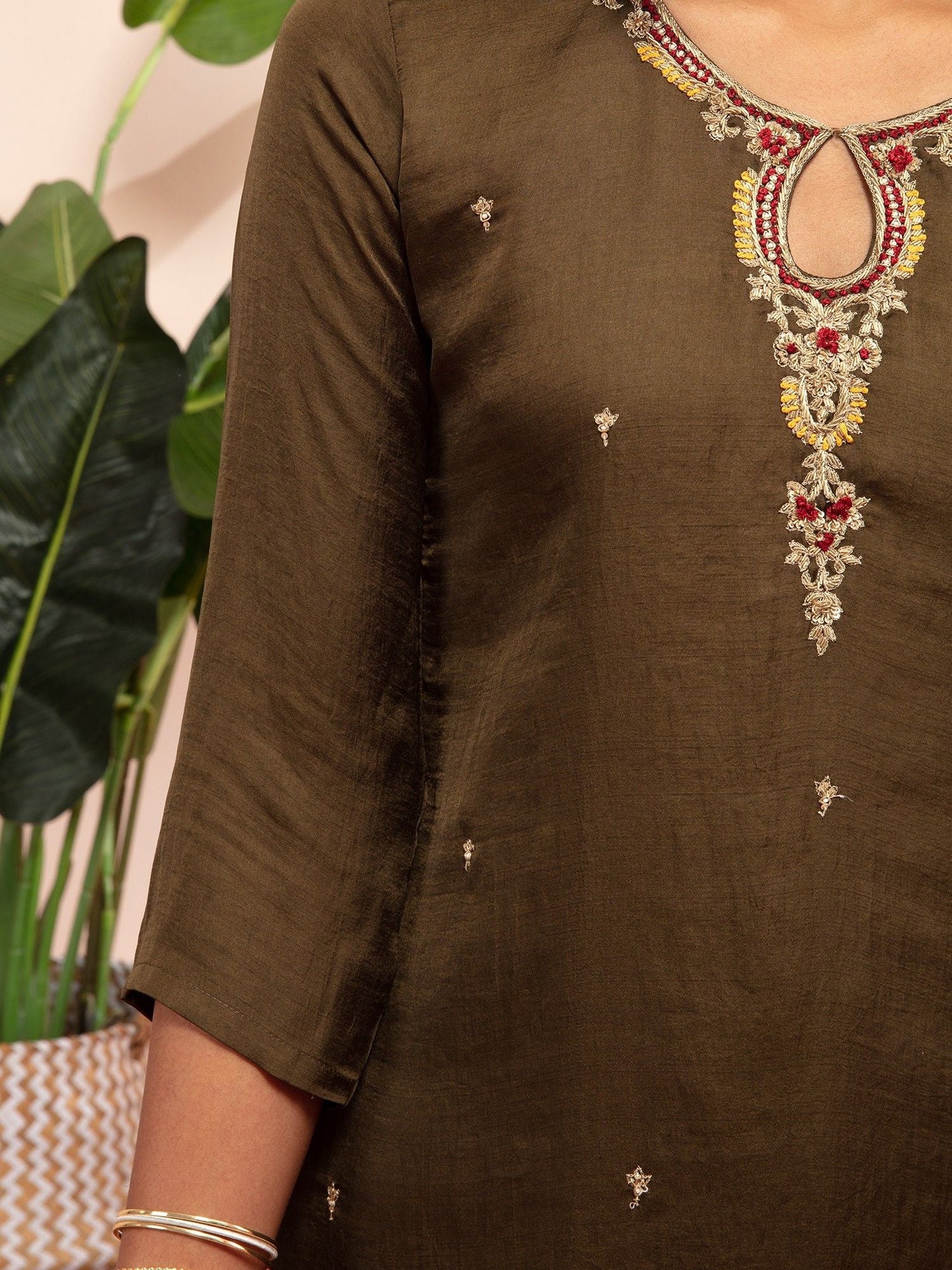 Likha Green Satin Hand Embroidered Kurta Pant and Dupatta LIKSKD129 (Set of 3)