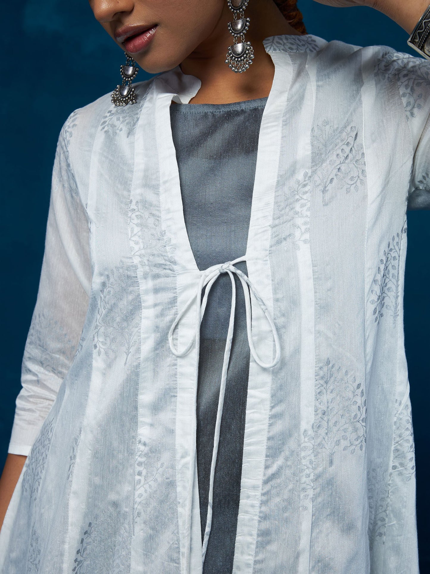 Likha Silver Printed Grey and White Anarkali Jacket Kurta