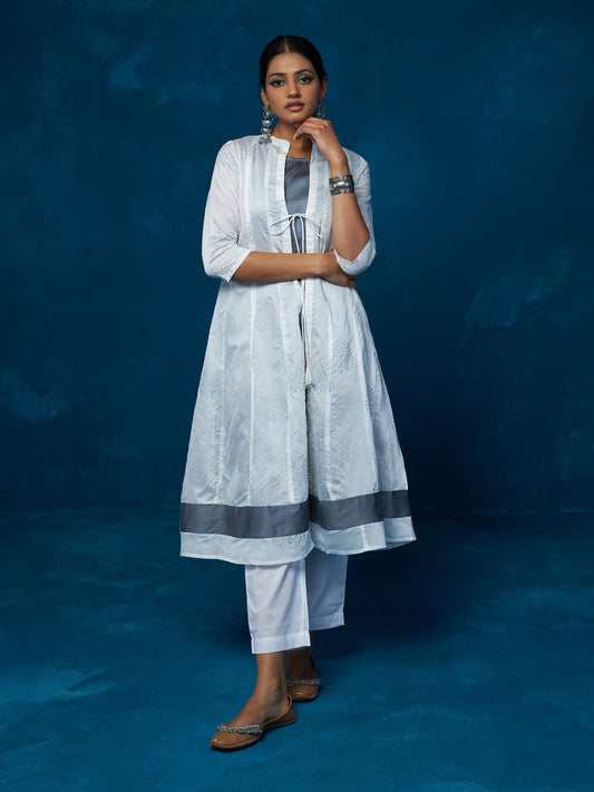 Likha Silver Printed Grey and White Anarkali Jacket Kurta