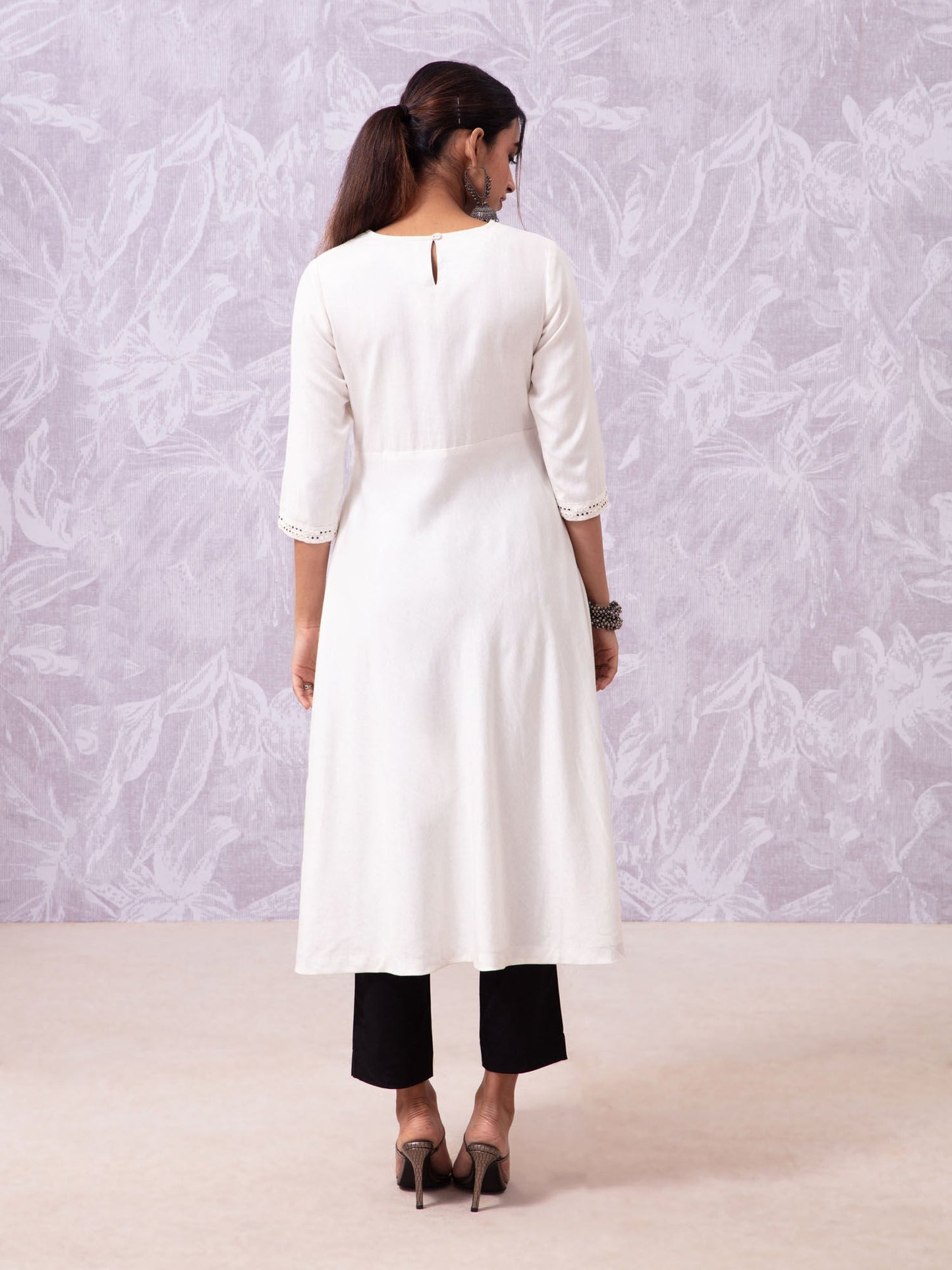 Likha Off-White Rayon Flex Embroidered Flared Kurta LIKKUR185