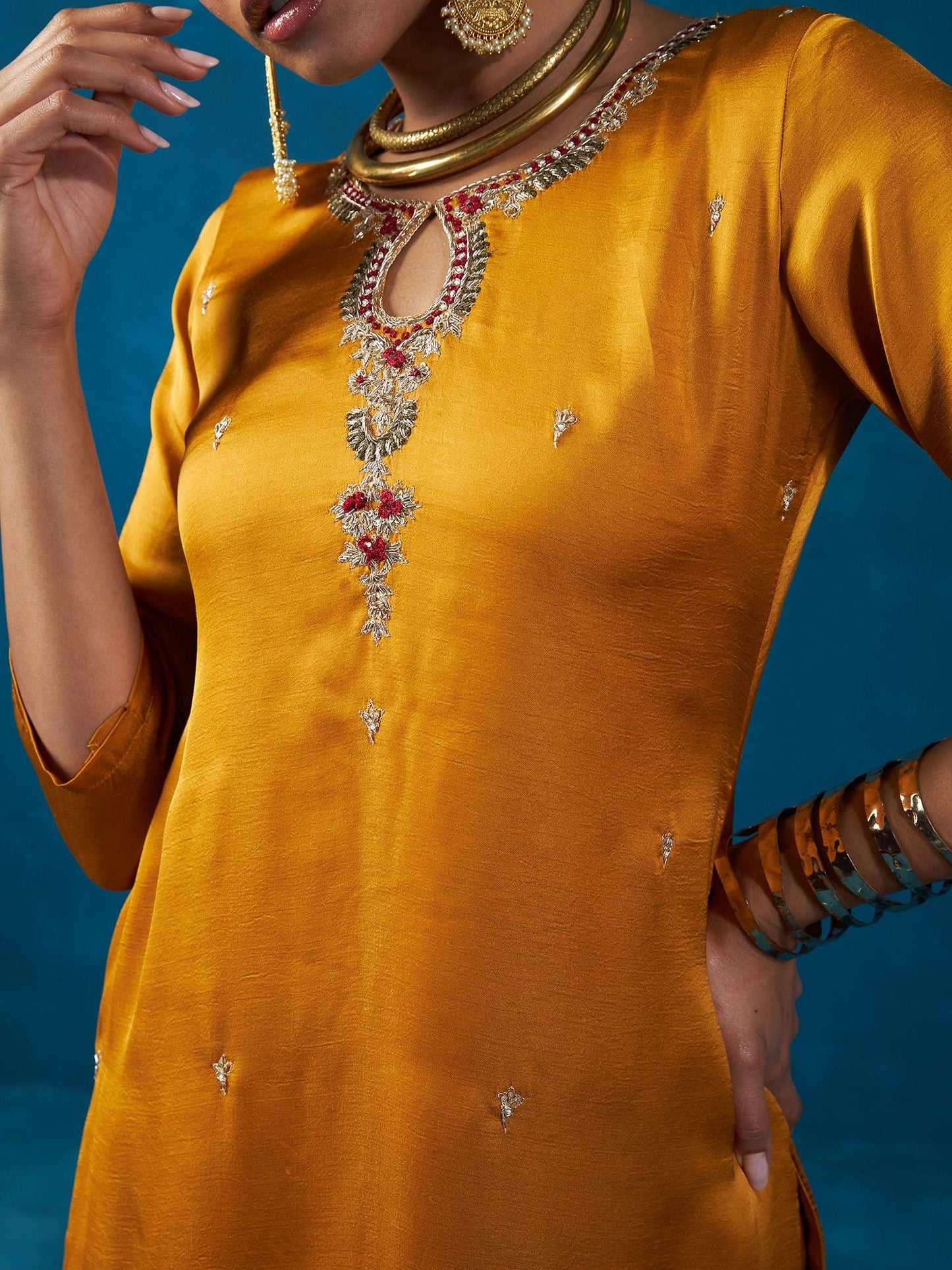 Likha Mustard Satin Silk Kurta Pant and Brocade Dupatta LIKSKD129 (Set of 3)