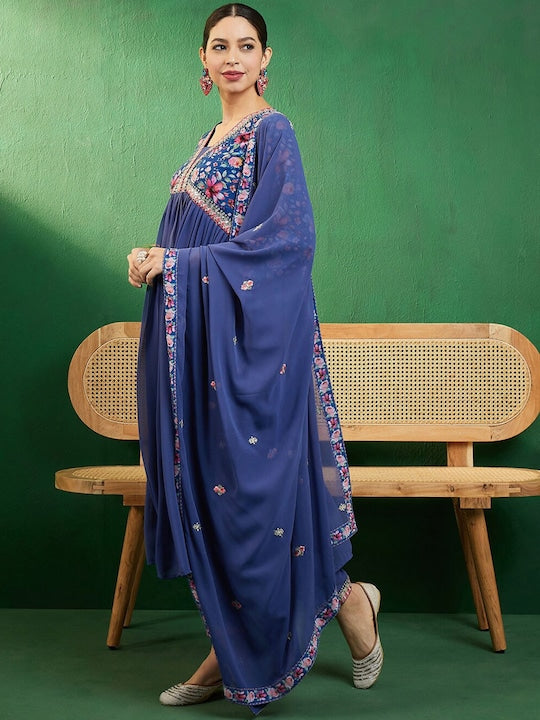 Sangria Blue Yoke Design Printed Georgette A-Line Empire Kurta With Trousers & Dupatta
