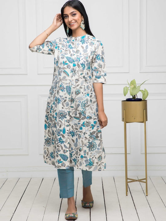 Myshka Floral Printed Mandarin Collar Cotton Kurta