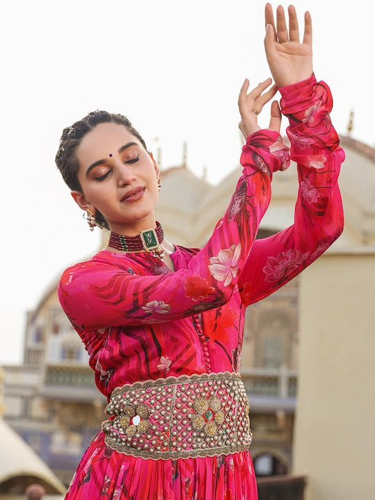 Scakhi Floral Printed Gathered Detailed Chinon Silk Maxi Ethnic Dress With Belt