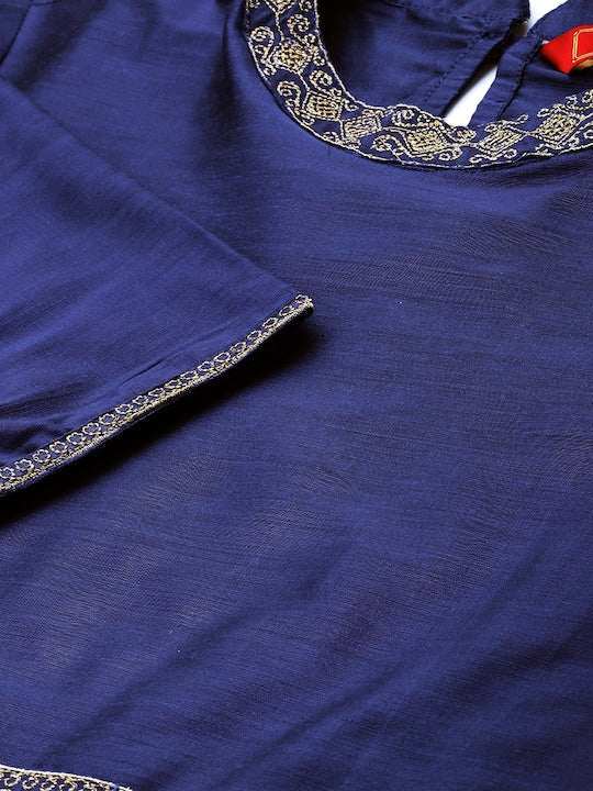 House of Pataudi Women Blue Colourblocked Thread Work Indigo Anarkali Kurta