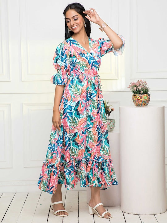 Myshka Tropical Printed V-Neck Wrap Dress